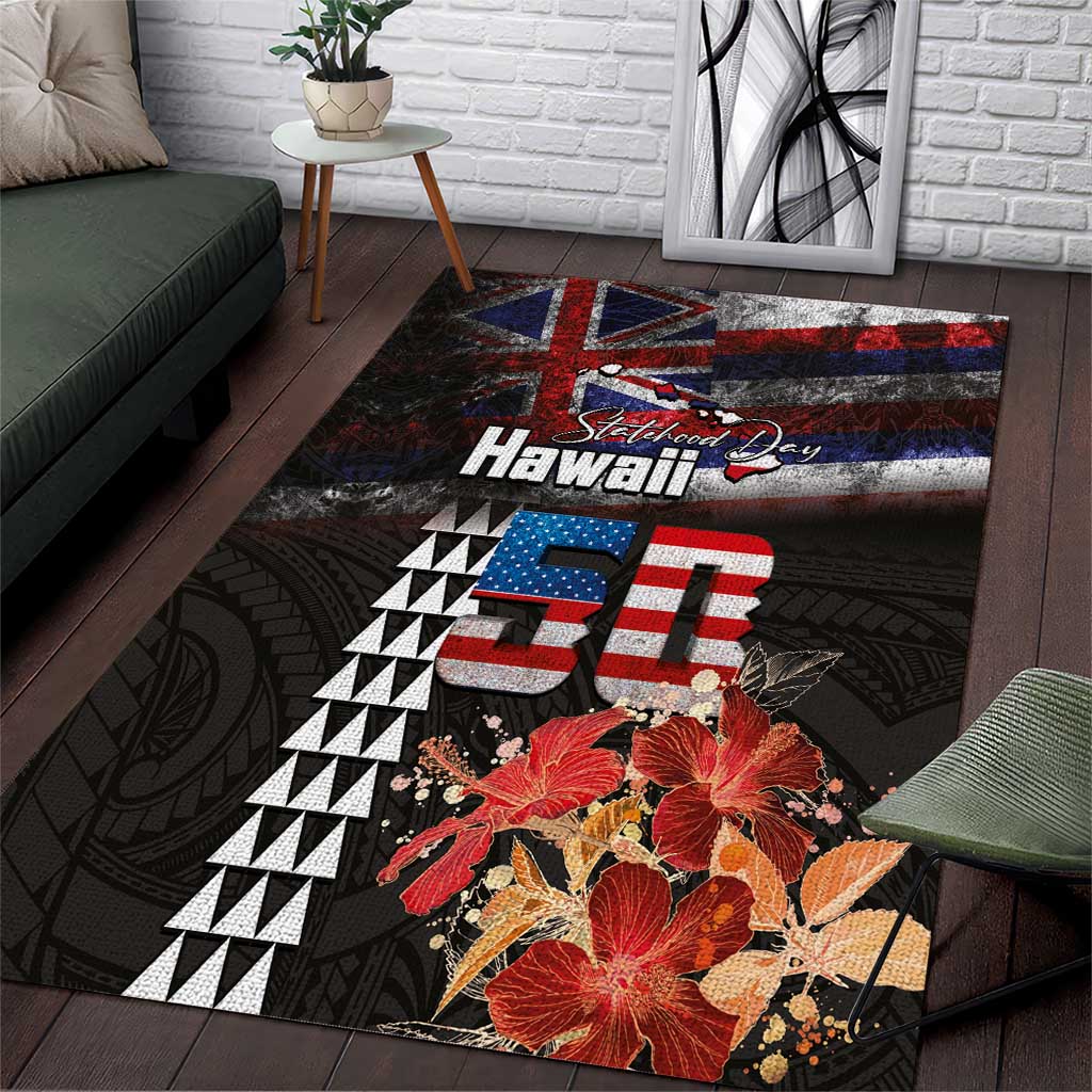 Hawaii Statehood Day Area Rug 50th state of the United States Kakau Tattoos and Hibiscus Grunge LT03 Black - Polynesian Pride
