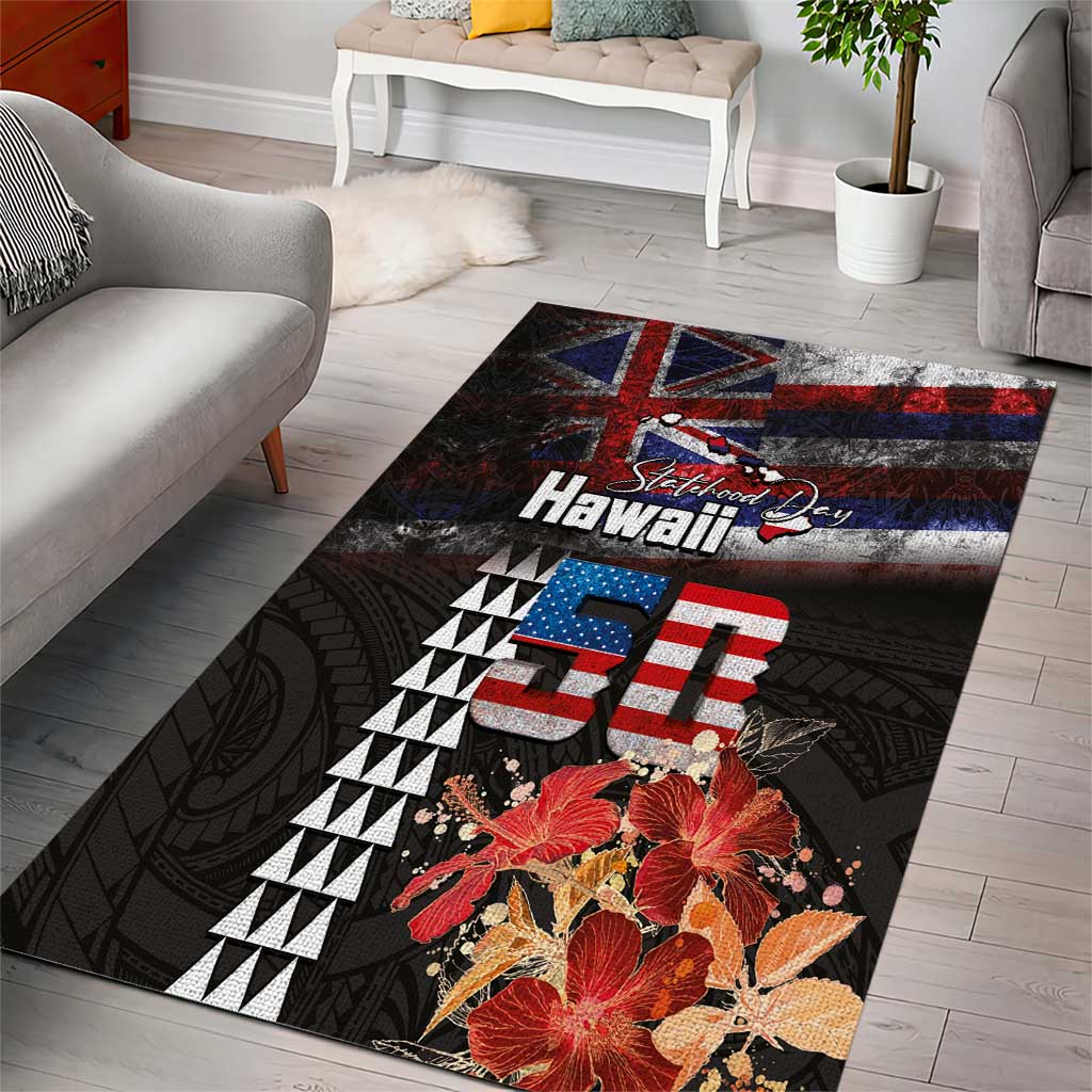Hawaii Statehood Day Area Rug 50th state of the United States Kakau Tattoos and Hibiscus Grunge LT03 - Polynesian Pride