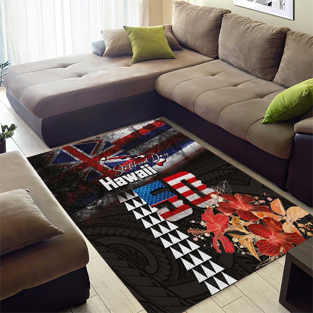Hawaii Statehood Day Area Rug 50th state of the United States Kakau Tattoos and Hibiscus Grunge LT03 - Polynesian Pride