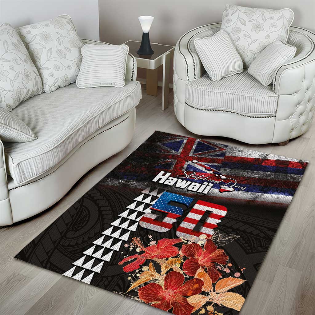 Hawaii Statehood Day Area Rug 50th state of the United States Kakau Tattoos and Hibiscus Grunge LT03 - Polynesian Pride