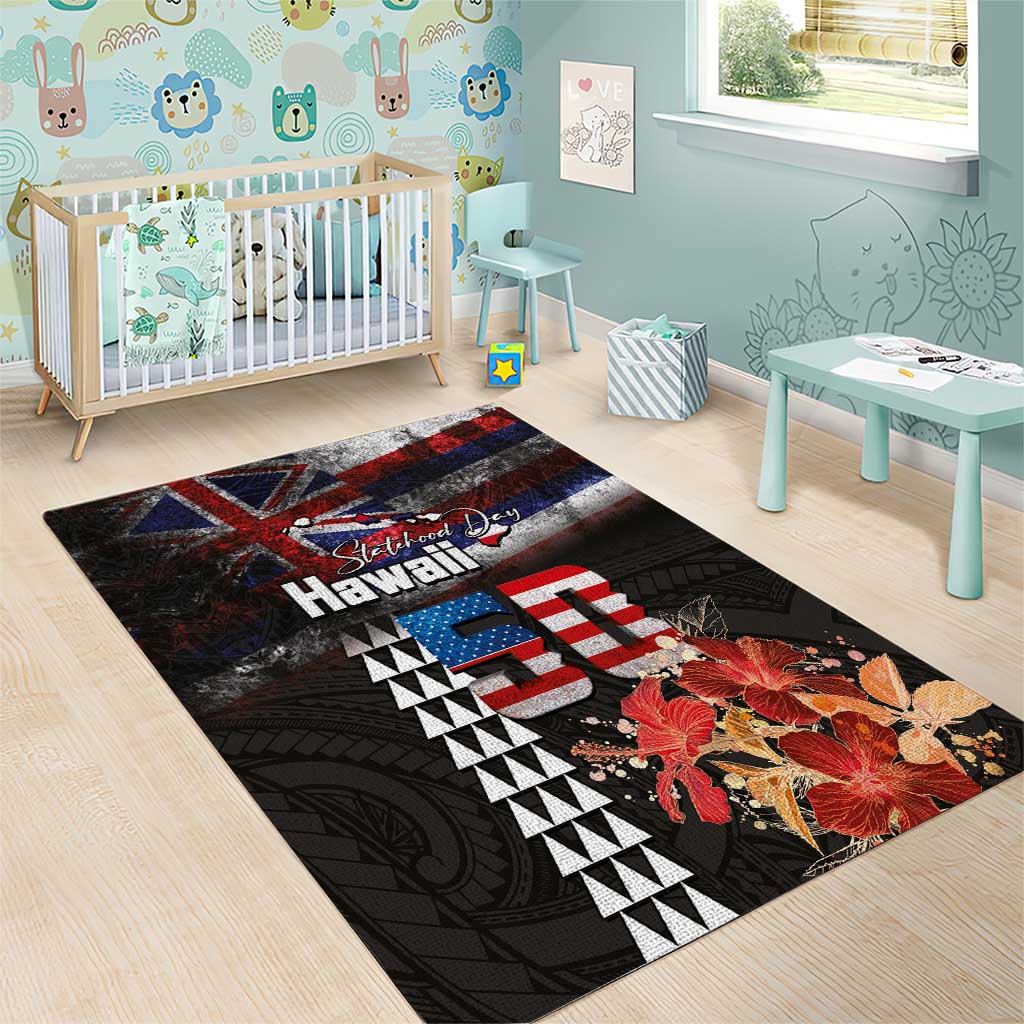 Hawaii Statehood Day Area Rug 50th state of the United States Kakau Tattoos and Hibiscus Grunge LT03 - Polynesian Pride