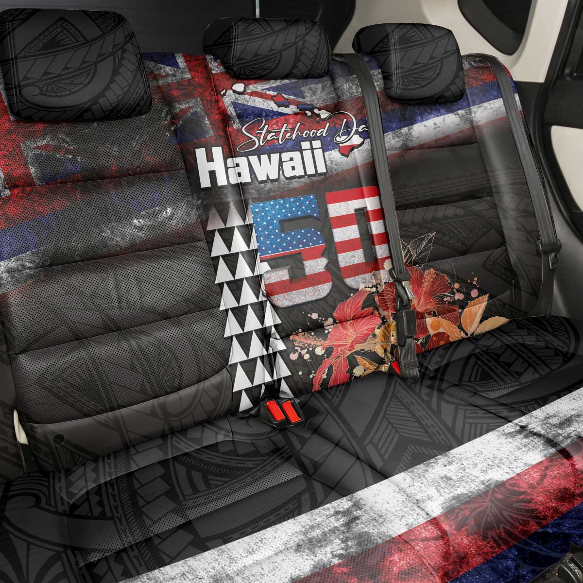 Hawaii Statehood Day Back Car Seat Cover 50th state of the United States Kakau Tattoos and Hibiscus Grunge LT03 - Polynesian Pride