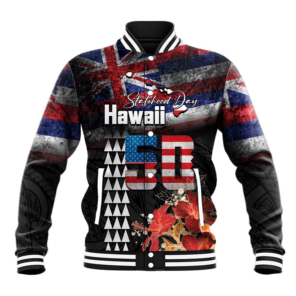 Hawaii Statehood Day Baseball Jacket 50th state of the United States Kakau Tattoos and Hibiscus Grunge LT03 Unisex Black - Polynesian Pride