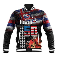 Hawaii Statehood Day Baseball Jacket 50th state of the United States Kakau Tattoos and Hibiscus Grunge LT03 Unisex Black - Polynesian Pride