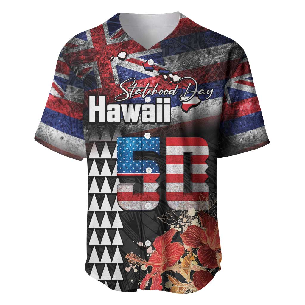 Hawaii Statehood Day Baseball Jersey 50th state of the United States Kakau Tattoos and Hibiscus Grunge LT03 Black - Polynesian Pride