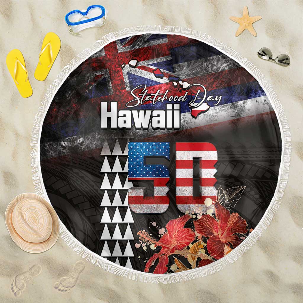 Hawaii Statehood Day Beach Blanket 50th state of the United States Kakau Tattoos and Hibiscus Grunge LT03 One Size 150cm Black - Polynesian Pride