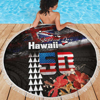 Hawaii Statehood Day Beach Blanket 50th state of the United States Kakau Tattoos and Hibiscus Grunge LT03 - Polynesian Pride