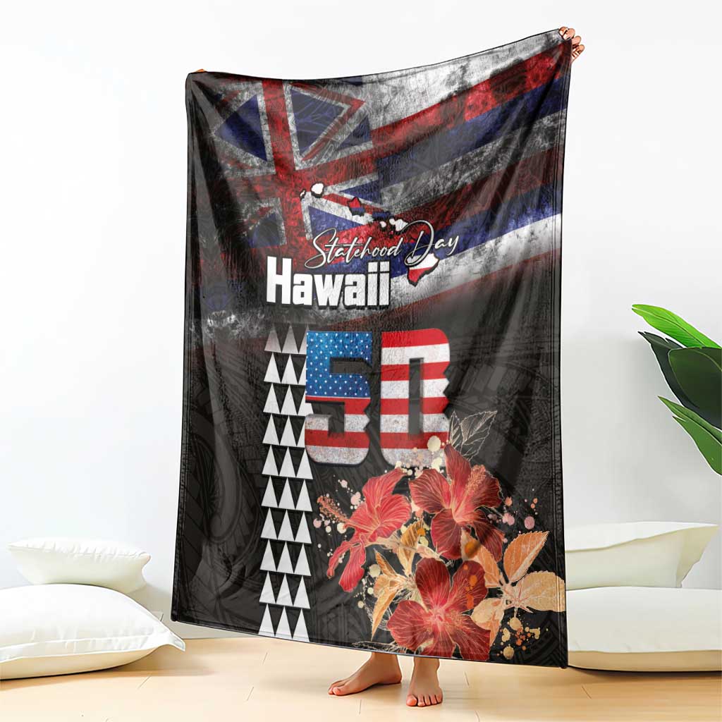 Hawaii Statehood Day Blanket 50th state of the United States Kakau Tattoos and Hibiscus Grunge LT03 - Polynesian Pride