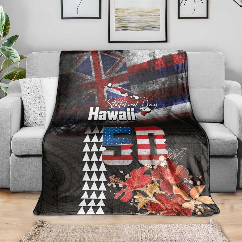 Hawaii Statehood Day Blanket 50th state of the United States Kakau Tattoos and Hibiscus Grunge LT03 - Polynesian Pride