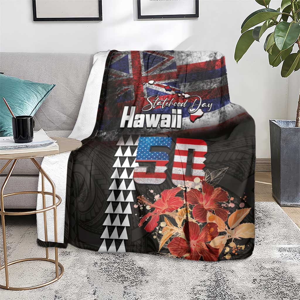Hawaii Statehood Day Blanket 50th state of the United States Kakau Tattoos and Hibiscus Grunge LT03 - Polynesian Pride