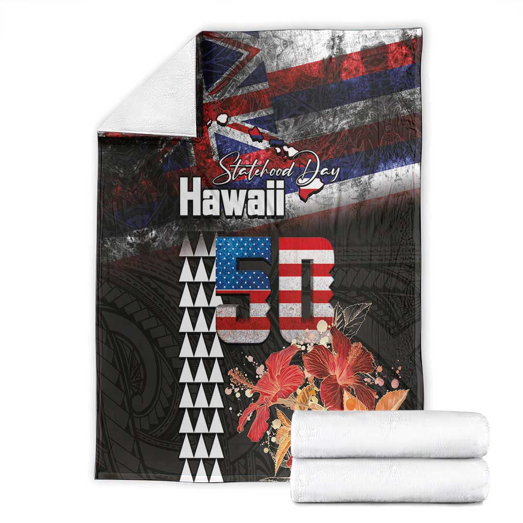 Hawaii Statehood Day Blanket 50th state of the United States Kakau Tattoos and Hibiscus Grunge LT03 - Polynesian Pride