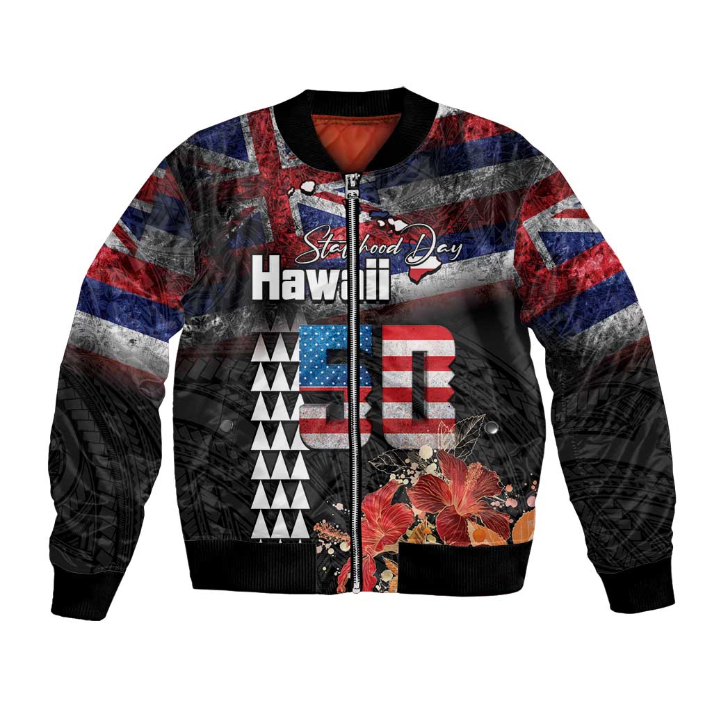 Hawaii Statehood Day Bomber Jacket 50th state of the United States Kakau Tattoos and Hibiscus Grunge LT03 Unisex Black - Polynesian Pride