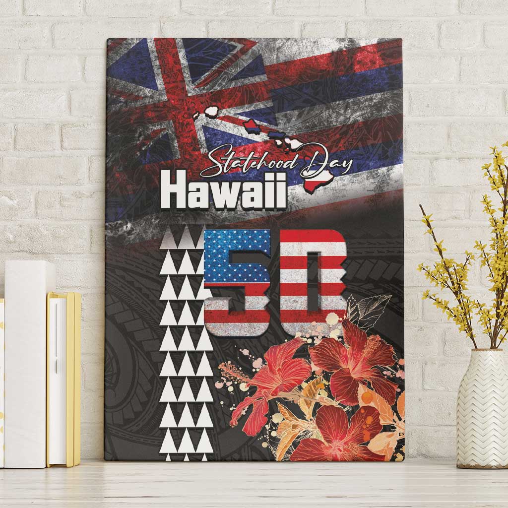 Hawaii Statehood Day Canvas Wall Art 50th state of the United States Kakau Tattoos and Hibiscus Grunge LT03 Without Frame Black - Polynesian Pride