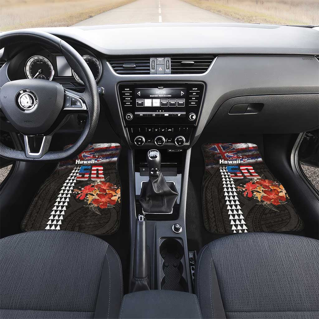 Hawaii Statehood Day Car Mats 50th state of the United States Kakau Tattoos and Hibiscus Grunge LT03 Set 2pcs - Front Black - Polynesian Pride