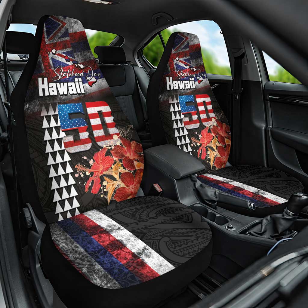 Hawaii Statehood Day Car Seat Cover 50th state of the United States Kakau Tattoos and Hibiscus Grunge LT03 One Size Black - Polynesian Pride