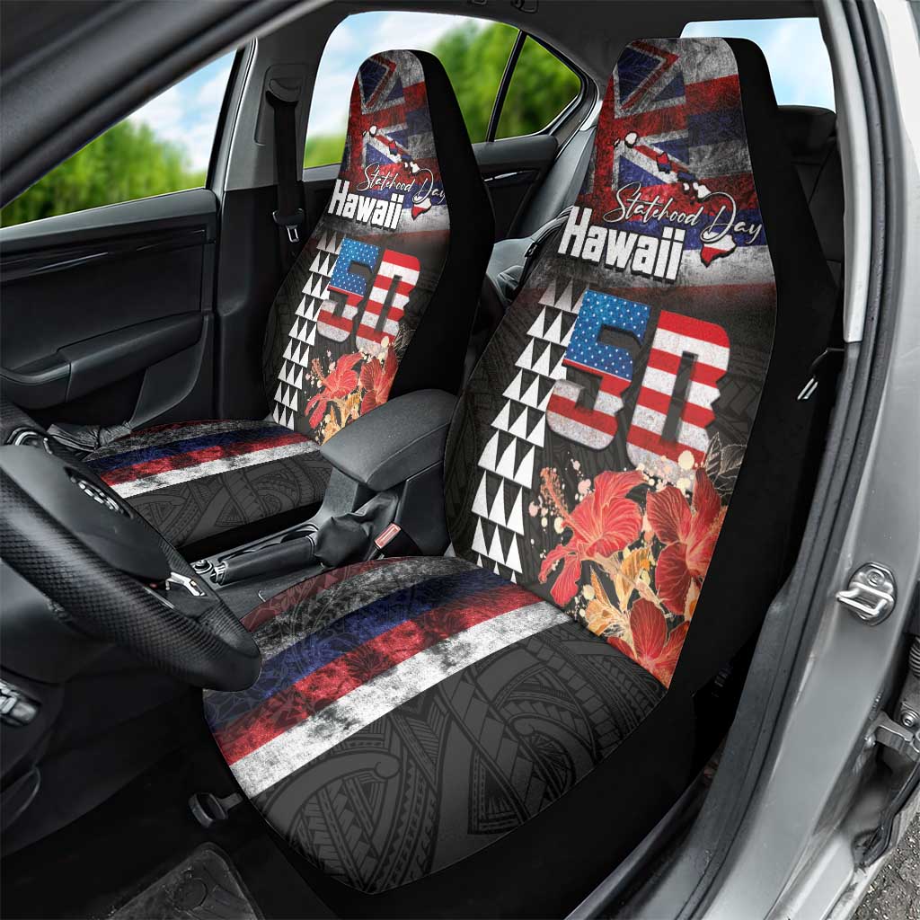 Hawaii Statehood Day Car Seat Cover 50th state of the United States Kakau Tattoos and Hibiscus Grunge LT03 - Polynesian Pride
