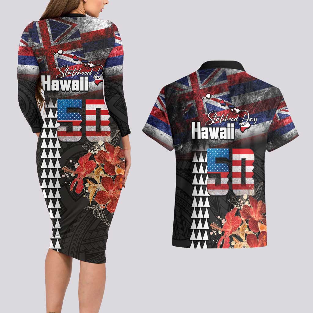 Hawaii Statehood Day Couples Matching Long Sleeve Bodycon Dress and Hawaiian Shirt 50th state of the United States Kakau Tattoos and Hibiscus Grunge LT03 - Polynesian Pride