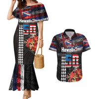 Hawaii Statehood Day Couples Matching Mermaid Dress and Hawaiian Shirt 50th state of the United States Kakau Tattoos and Hibiscus Grunge LT03 Black - Polynesian Pride
