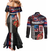Hawaii Statehood Day Couples Matching Mermaid Dress and Long Sleeve Button Shirt 50th state of the United States Kakau Tattoos and Hibiscus Grunge LT03 - Polynesian Pride