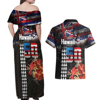 Hawaii Statehood Day Couples Matching Off Shoulder Maxi Dress and Hawaiian Shirt 50th state of the United States Kakau Tattoos and Hibiscus Grunge LT03 - Polynesian Pride