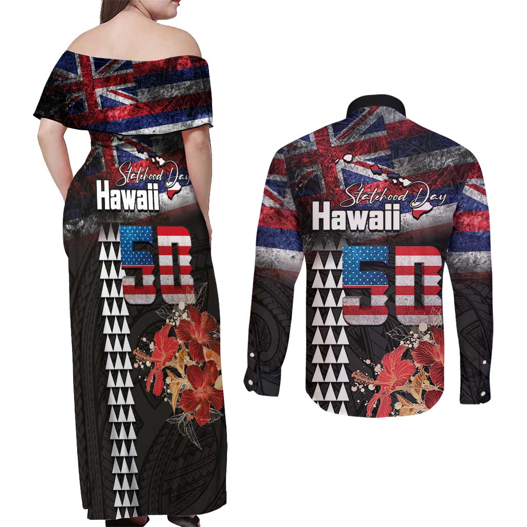 Hawaii Statehood Day Couples Matching Off Shoulder Maxi Dress and Long Sleeve Button Shirt 50th state of the United States Kakau Tattoos and Hibiscus Grunge LT03 - Polynesian Pride