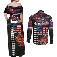 Hawaii Statehood Day Couples Matching Off Shoulder Maxi Dress and Long Sleeve Button Shirt 50th state of the United States Kakau Tattoos and Hibiscus Grunge LT03 - Polynesian Pride