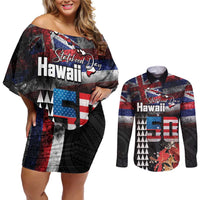Hawaii Statehood Day Couples Matching Off Shoulder Short Dress and Long Sleeve Button Shirt 50th state of the United States Kakau Tattoos and Hibiscus Grunge LT03 Black - Polynesian Pride