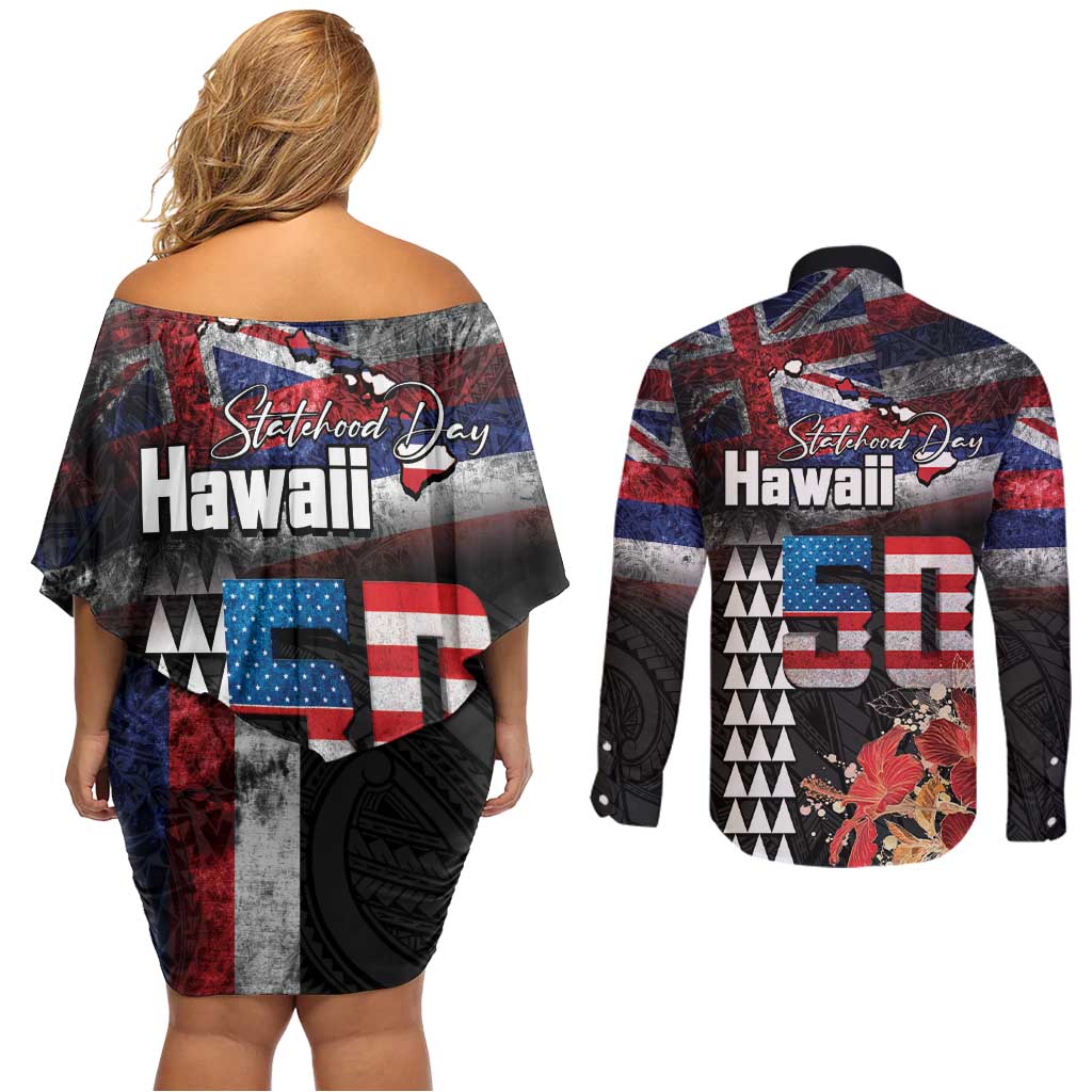 Hawaii Statehood Day Couples Matching Off Shoulder Short Dress and Long Sleeve Button Shirt 50th state of the United States Kakau Tattoos and Hibiscus Grunge LT03 - Polynesian Pride
