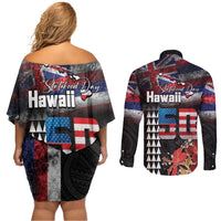Hawaii Statehood Day Couples Matching Off Shoulder Short Dress and Long Sleeve Button Shirt 50th state of the United States Kakau Tattoos and Hibiscus Grunge LT03 - Polynesian Pride