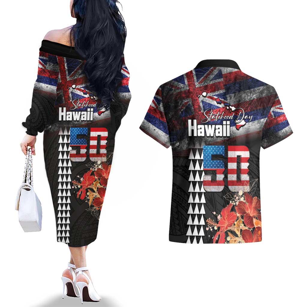 Hawaii Statehood Day Couples Matching Off The Shoulder Long Sleeve Dress and Hawaiian Shirt 50th state of the United States Kakau Tattoos and Hibiscus Grunge LT03 - Polynesian Pride
