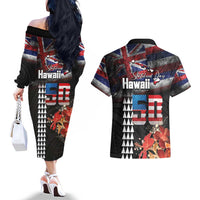 Hawaii Statehood Day Couples Matching Off The Shoulder Long Sleeve Dress and Hawaiian Shirt 50th state of the United States Kakau Tattoos and Hibiscus Grunge LT03 - Polynesian Pride