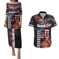 Hawaii Statehood Day Couples Matching Puletasi and Hawaiian Shirt 50th state of the United States Kakau Tattoos and Hibiscus Grunge LT03 Black - Polynesian Pride