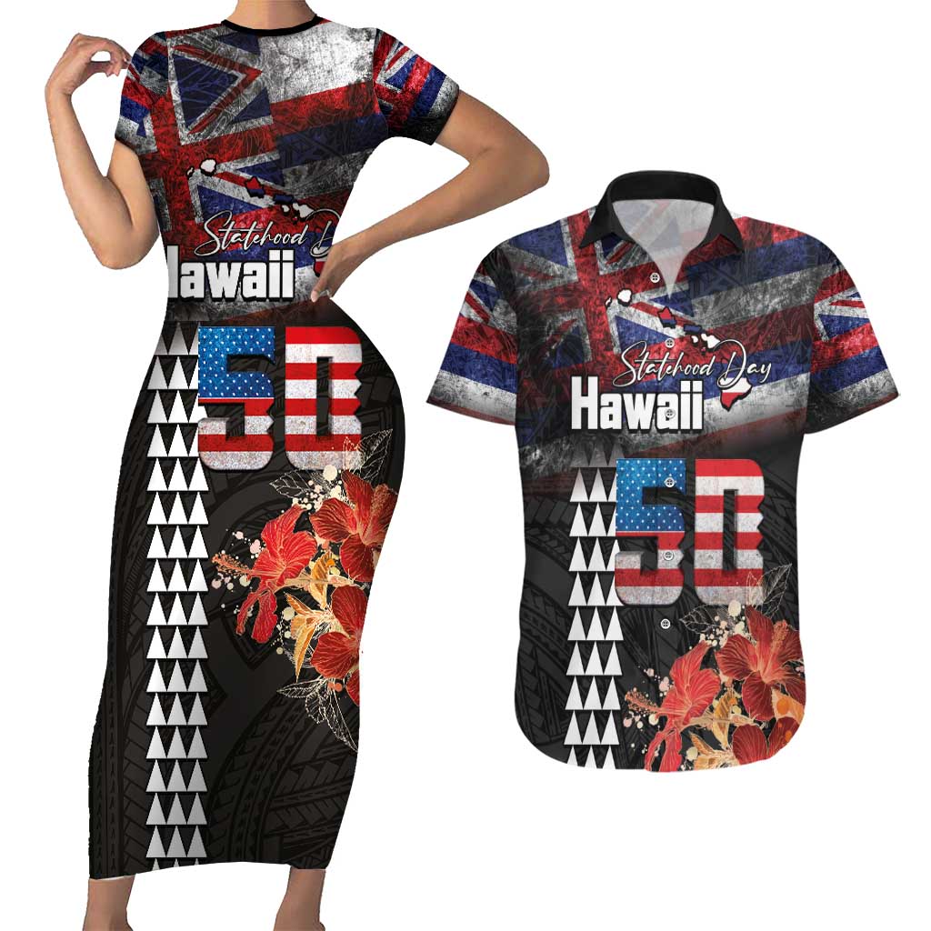 Hawaii Statehood Day Couples Matching Short Sleeve Bodycon Dress and Hawaiian Shirt 50th state of the United States Kakau Tattoos and Hibiscus Grunge LT03 Black - Polynesian Pride
