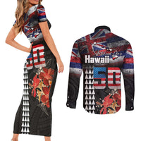 Hawaii Statehood Day Couples Matching Short Sleeve Bodycon Dress and Long Sleeve Button Shirt 50th state of the United States Kakau Tattoos and Hibiscus Grunge LT03 - Polynesian Pride