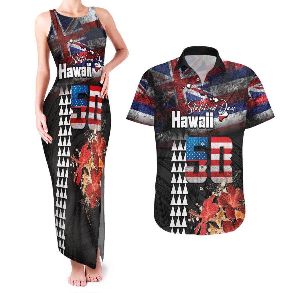 Hawaii Statehood Day Couples Matching Tank Maxi Dress and Hawaiian Shirt 50th state of the United States Kakau Tattoos and Hibiscus Grunge LT03 Black - Polynesian Pride