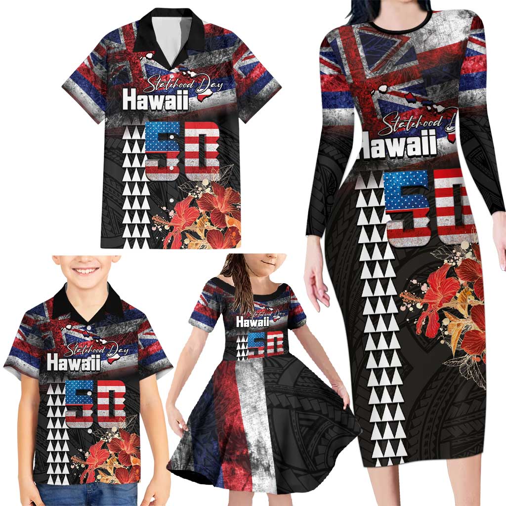 Hawaii Statehood Day Family Matching Long Sleeve Bodycon Dress and Hawaiian Shirt 50th state of the United States Kakau Tattoos and Hibiscus Grunge LT03 - Polynesian Pride