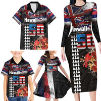 Hawaii Statehood Day Family Matching Long Sleeve Bodycon Dress and Hawaiian Shirt 50th state of the United States Kakau Tattoos and Hibiscus Grunge LT03 - Polynesian Pride