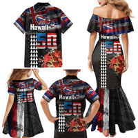 Hawaii Statehood Day Family Matching Mermaid Dress and Hawaiian Shirt 50th state of the United States Kakau Tattoos and Hibiscus Grunge LT03 - Polynesian Pride