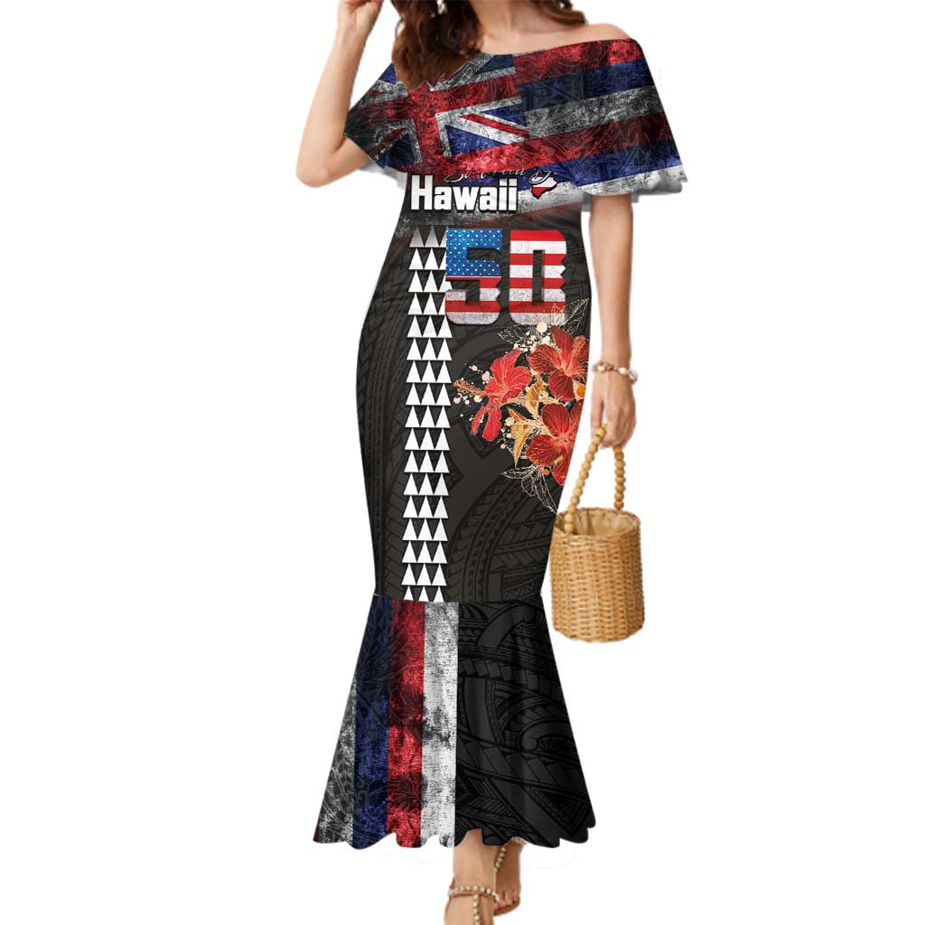 Hawaii Statehood Day Family Matching Mermaid Dress and Hawaiian Shirt 50th state of the United States Kakau Tattoos and Hibiscus Grunge LT03 Mom's Dress Black - Polynesian Pride