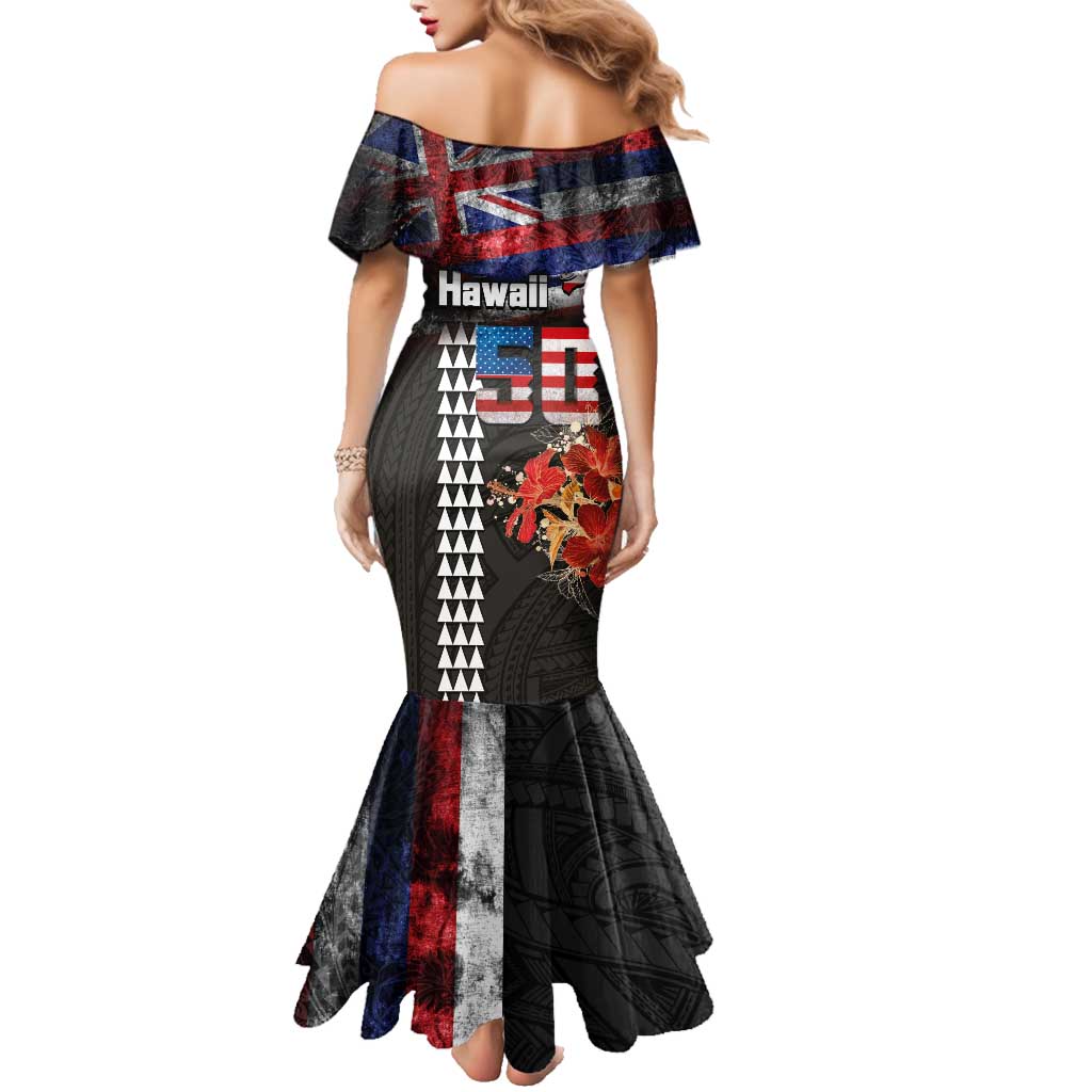 Hawaii Statehood Day Family Matching Mermaid Dress and Hawaiian Shirt 50th state of the United States Kakau Tattoos and Hibiscus Grunge LT03 - Polynesian Pride