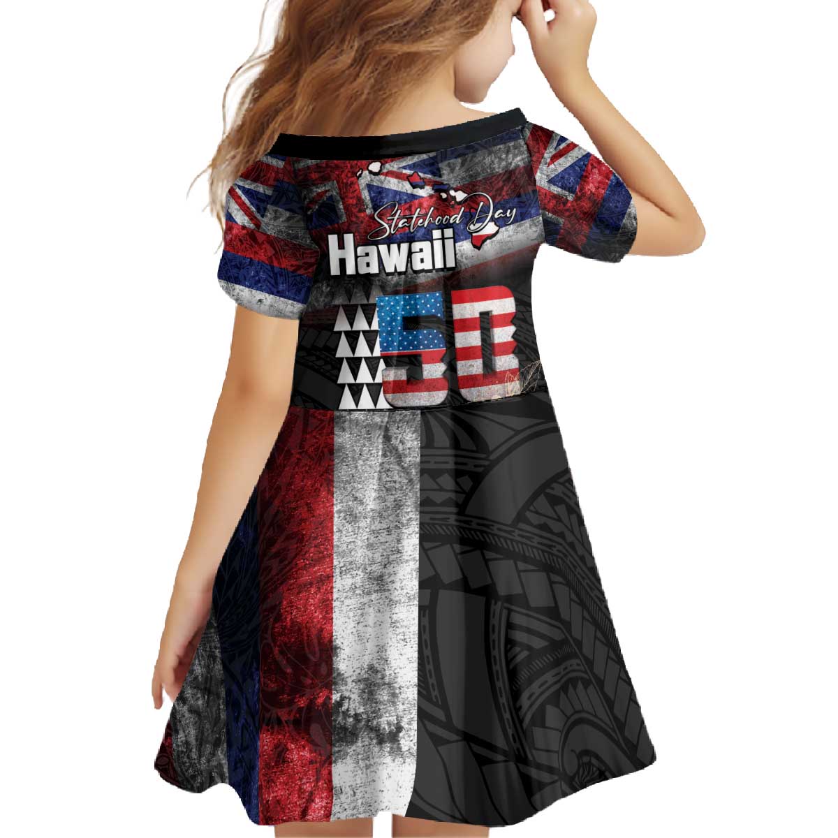 Hawaii Statehood Day Family Matching Off The Shoulder Long Sleeve Dress and Hawaiian Shirt 50th state of the United States Kakau Tattoos and Hibiscus Grunge LT03 - Polynesian Pride