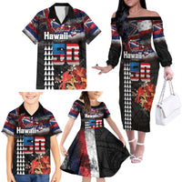 Hawaii Statehood Day Family Matching Off The Shoulder Long Sleeve Dress and Hawaiian Shirt 50th state of the United States Kakau Tattoos and Hibiscus Grunge LT03 - Polynesian Pride