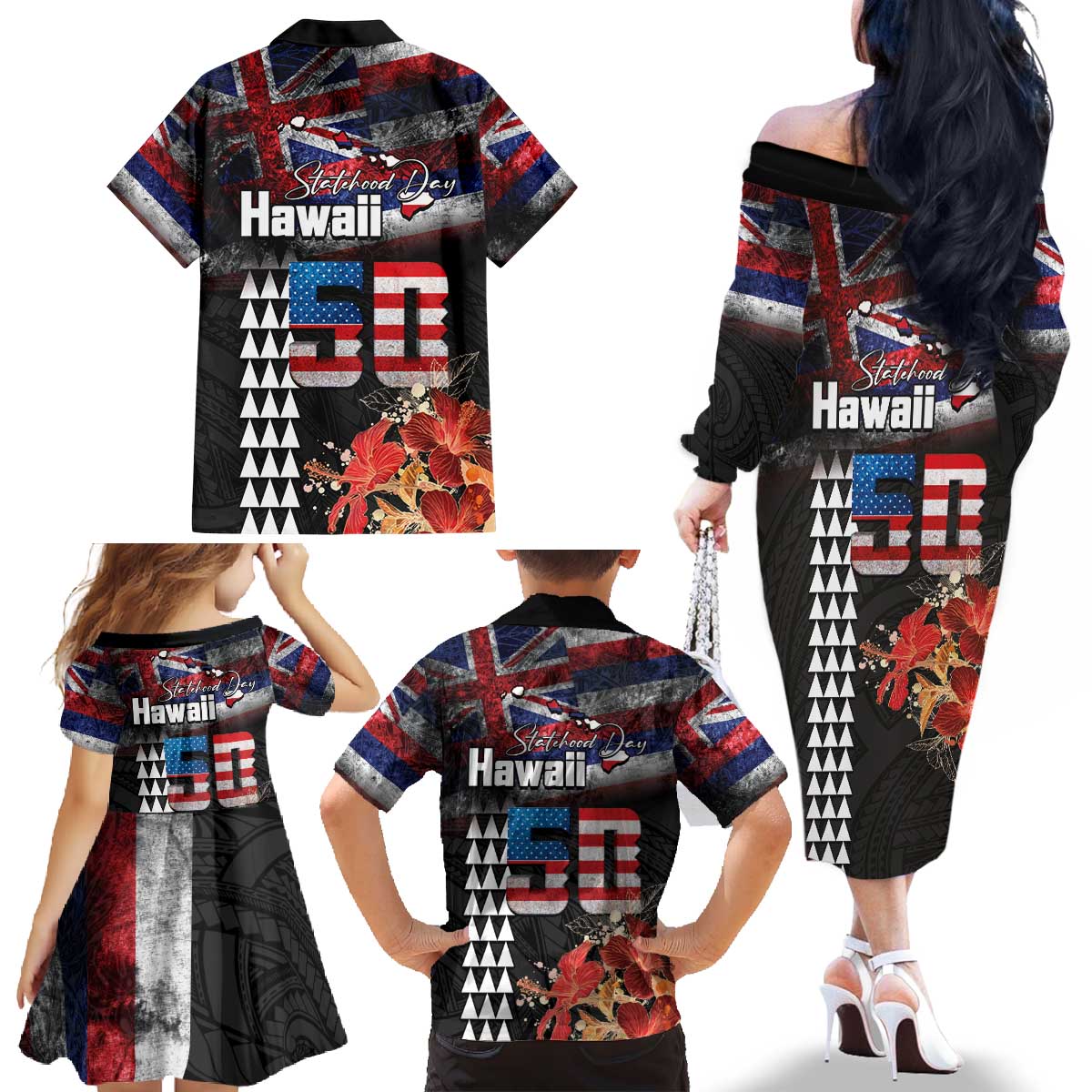 Hawaii Statehood Day Family Matching Off The Shoulder Long Sleeve Dress and Hawaiian Shirt 50th state of the United States Kakau Tattoos and Hibiscus Grunge LT03 - Polynesian Pride
