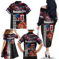 Hawaii Statehood Day Family Matching Off The Shoulder Long Sleeve Dress and Hawaiian Shirt 50th state of the United States Kakau Tattoos and Hibiscus Grunge LT03 - Polynesian Pride