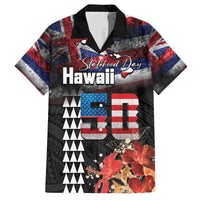Hawaii Statehood Day Family Matching Off The Shoulder Long Sleeve Dress and Hawaiian Shirt 50th state of the United States Kakau Tattoos and Hibiscus Grunge LT03 Dad's Shirt - Short Sleeve Black - Polynesian Pride