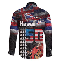 Hawaii Statehood Day Family Matching Off The Shoulder Long Sleeve Dress and Hawaiian Shirt 50th state of the United States Kakau Tattoos and Hibiscus Grunge LT03 - Polynesian Pride