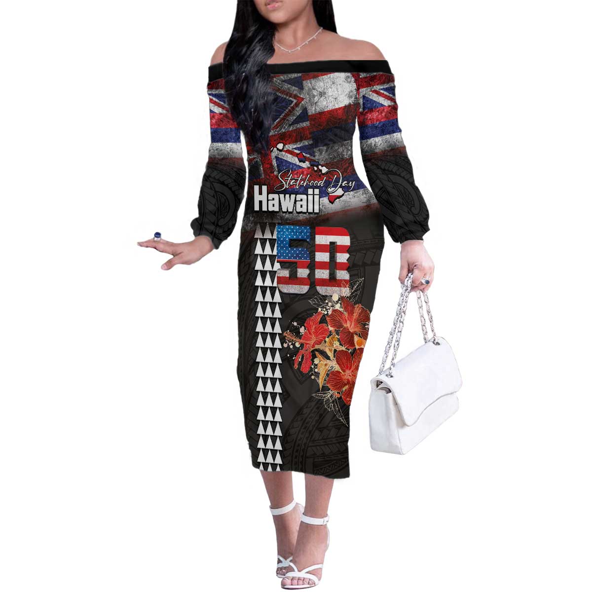 Hawaii Statehood Day Family Matching Off The Shoulder Long Sleeve Dress and Hawaiian Shirt 50th state of the United States Kakau Tattoos and Hibiscus Grunge LT03 Mom's Dress Black - Polynesian Pride