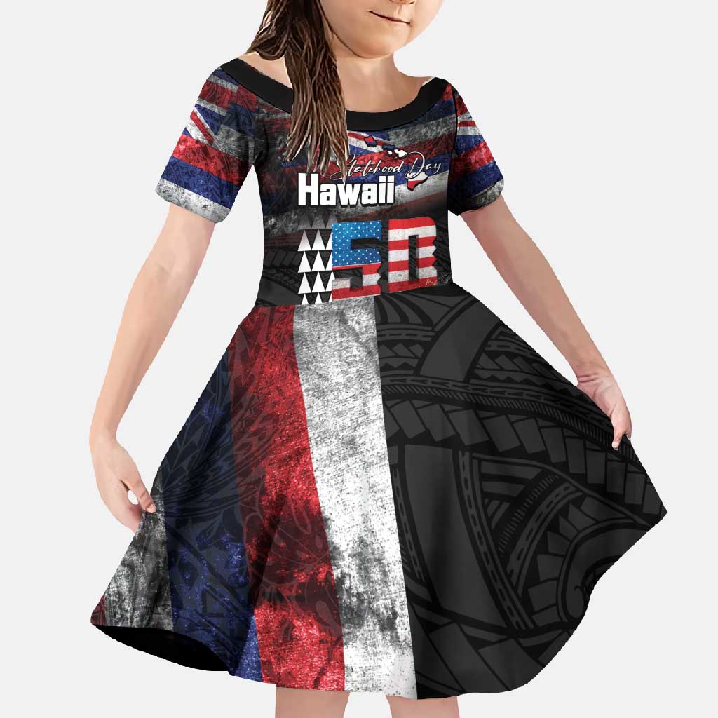 Hawaii Statehood Day Family Matching Off Shoulder Maxi Dress and Hawaiian Shirt 50th state of the United States Kakau Tattoos and Hibiscus Grunge LT03 Daughter's Dress Black - Polynesian Pride