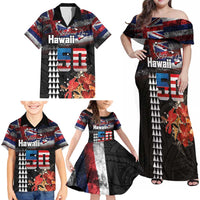 Hawaii Statehood Day Family Matching Off Shoulder Maxi Dress and Hawaiian Shirt 50th state of the United States Kakau Tattoos and Hibiscus Grunge LT03 - Polynesian Pride