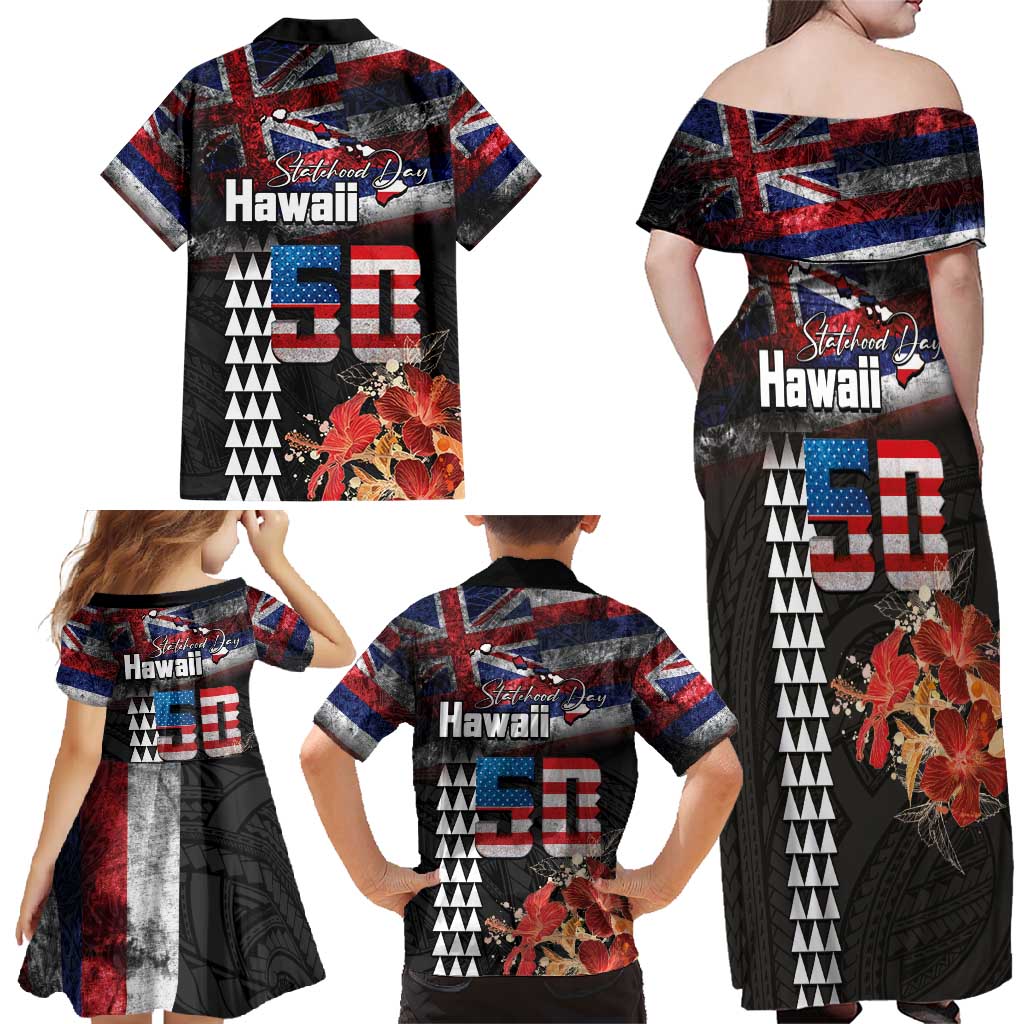 Hawaii Statehood Day Family Matching Off Shoulder Maxi Dress and Hawaiian Shirt 50th state of the United States Kakau Tattoos and Hibiscus Grunge LT03 - Polynesian Pride